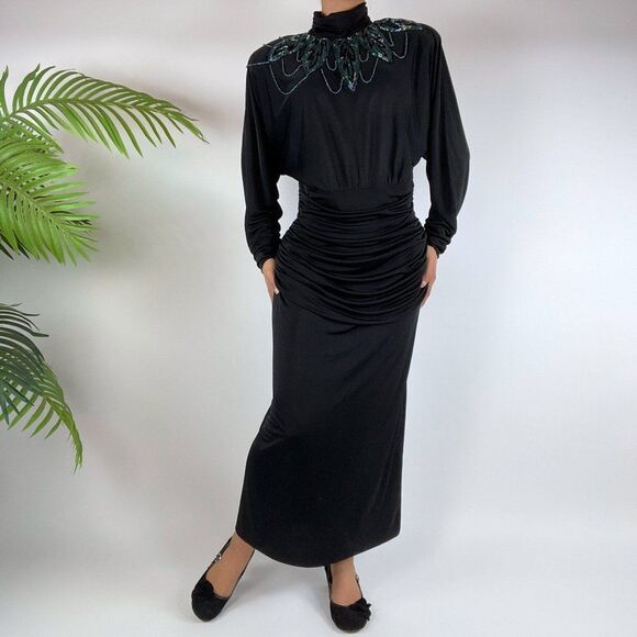 Vintage 80s Black Retro Whimsigoth Ruched Beaded Maxi Evening Dress / Size: M - Picture 1 of 5